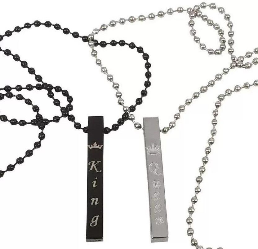 Black Silver King Crown Queen Crown 3D Vertical Bar Cuboid Stick Pendants Chain Silver Plated Stainless Steel Chain Set