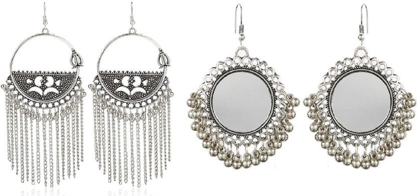 Mirror Round With Beads Alloy Chandbali Earring