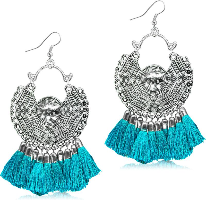 Divine & Antique Handcrafted Silver Oxidised Green Tassels Earrings For Women And Girls Brass, Alloy Chandbali Earring