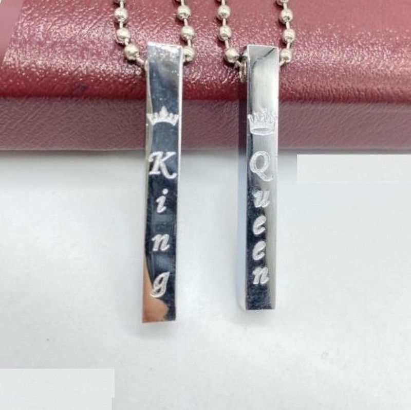 Combo of King Queen Silver Color (2Pcs) Vertical Bar Pendant Stainless Steel Chain Set