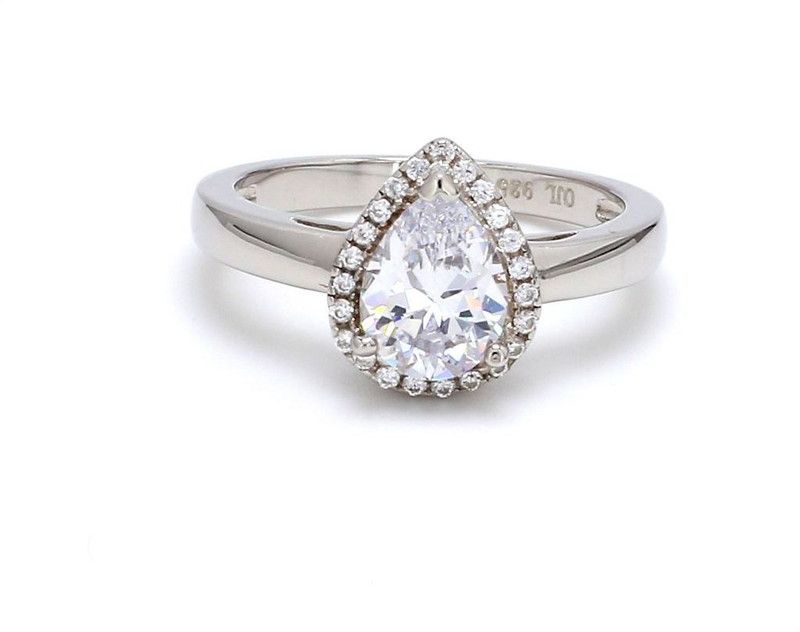 Sterling Silver American Diamond Drop Shape Solitaire Size - 12. Sterling Silver Cubic Zirconia Rhodium Plated Ring