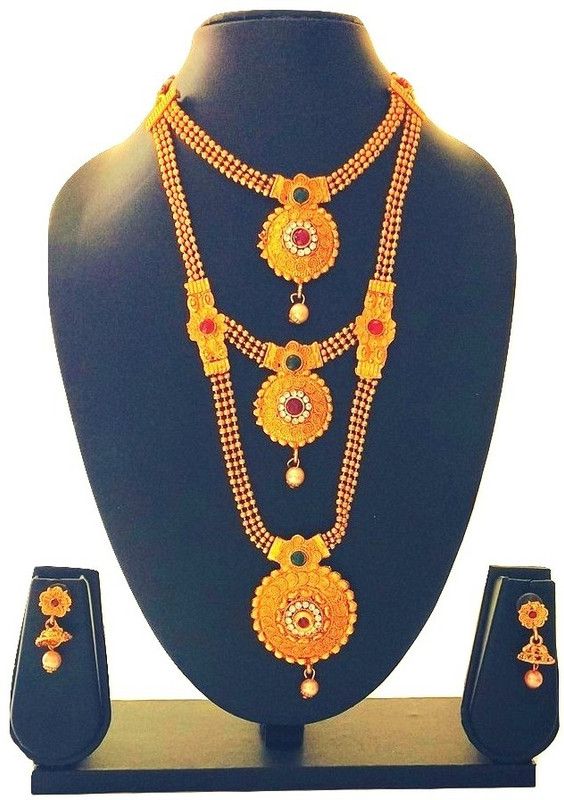 Brass, Bronze, Alloy, Stone, Cotton Dori Jewel Set  (Gold, Red, Green)