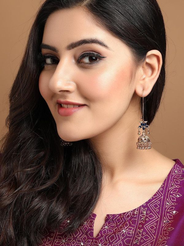 Oxidised Gold Plated Blue Enamel Lotus Jhumka Earrings Alloy Jhumki Earring