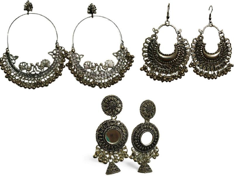 Combo Of Oxidised Silver Chandballi, Dangle And Mirror Jhumki Brass Chandbali Earring