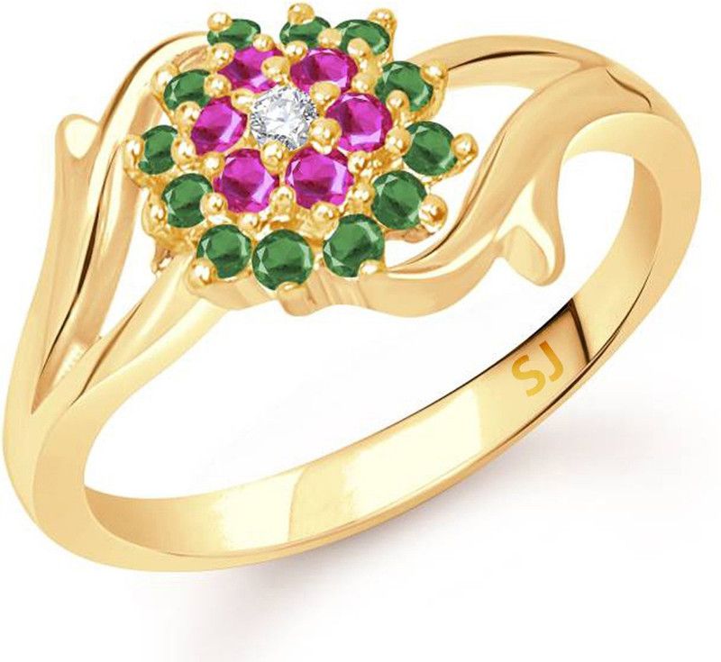 Multi Ruby Floral Ring for Women and Girls Brass, Alloy Cubic Zirconia Gold Plated Ring