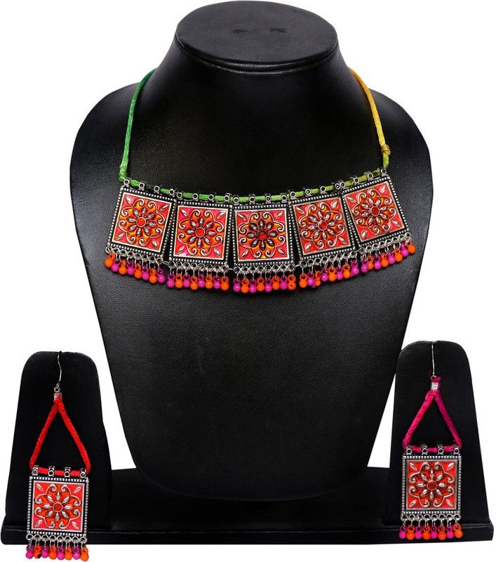 Oxidised Silver Silver Silver, Pink, Orange Jewel Set  (Pack of 1)