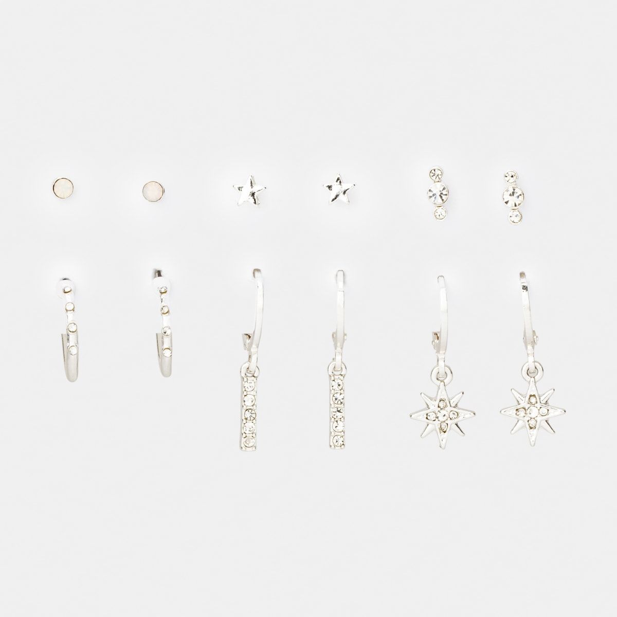 6 Pack Star Earrings - Silver Look