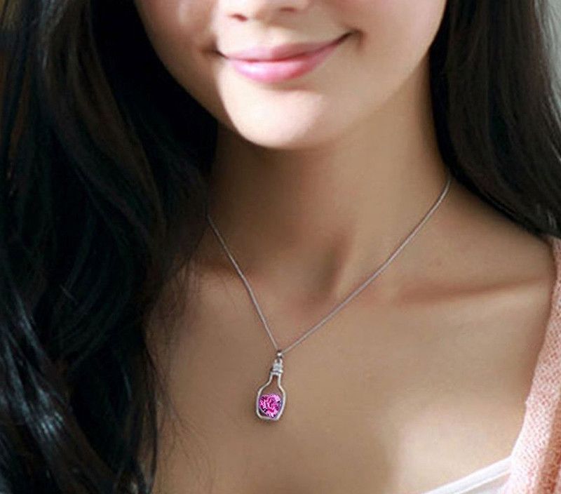 Creative Love Heart Pink Crystal Diamond Stone Love Drift Bottle Locket Pendant Stainless Steel