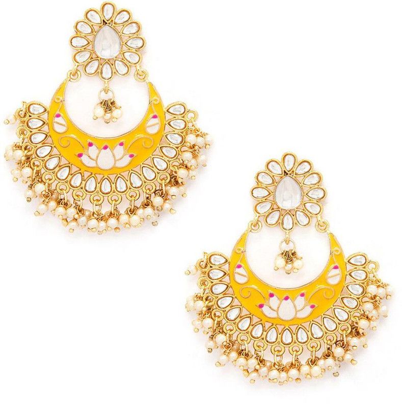 Ethnic Gold Plated Yellow Enamel Handpainted Design Stones Beads Traditional Chandbali Earrings for Women and Girls Alloy Chandbali Earring