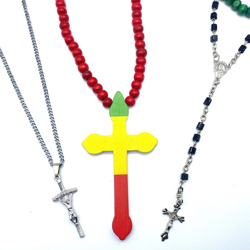 Black Bead Long Necklace Silver Christian Jesus Cross Pendant For Christmas Gift Stainless Steel, Crystal Pendant Set