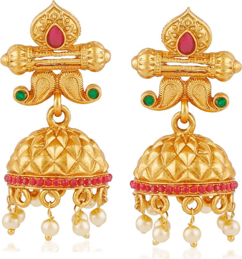 Temple Jewellery Sets Traditional Wedding Matt Gold Pearl Stylish Ruby Green Jhumka /Jhumki Earrings for women / girls-Jhumki earrings-319 Emerald, Pearl, Ruby Brass Jhumki Earring