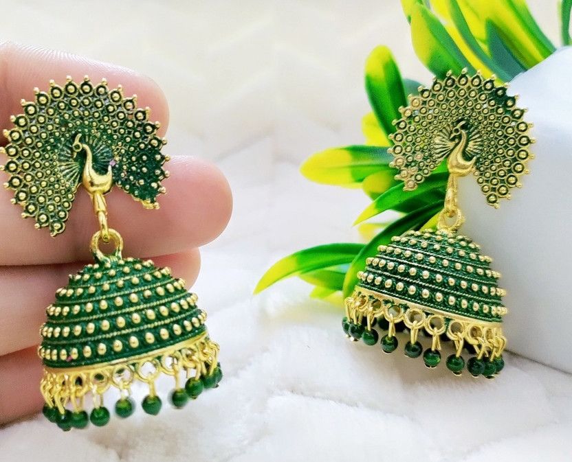 (Morr Kundan-Green) Elite Peacock Design Jhumki Earring Alloy Jhumki Earring
