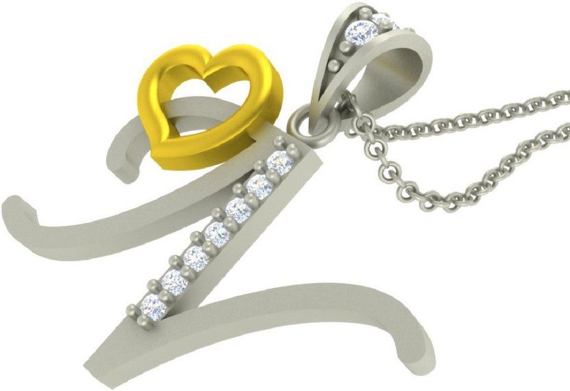 Heart Collection Valentine Collection Alphabet Letter "N" With Heart With Chain Silver Cubic Zirconia Brass Pendant