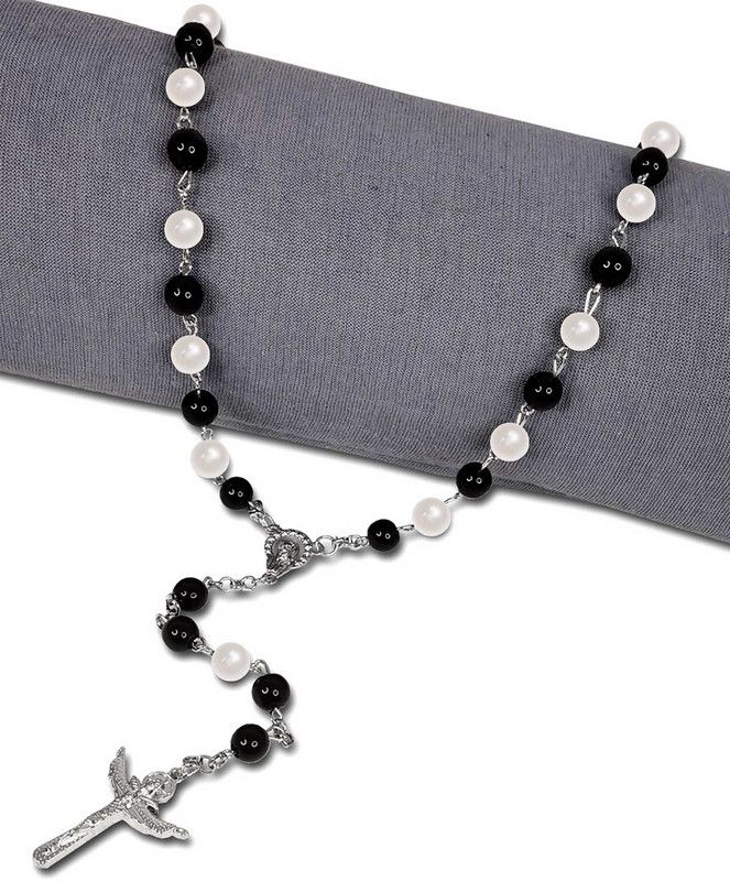 6mm Black & White Rosary Moti Beads Jesus Christ Cross Isa Masih Locket Pendant Stainless Steel Locket Set
