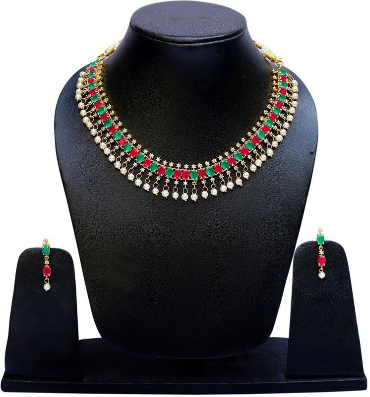 Metal Gold-plated Green, Red, Gold Jewel Set  (Pack of 1)