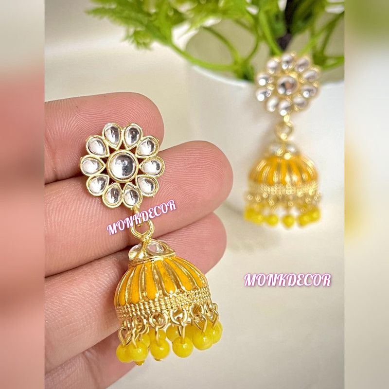 (Meena Stone-Yellow) Beautiful Latest Design Earrings For Girls & Women Alloy Jhumki Earring