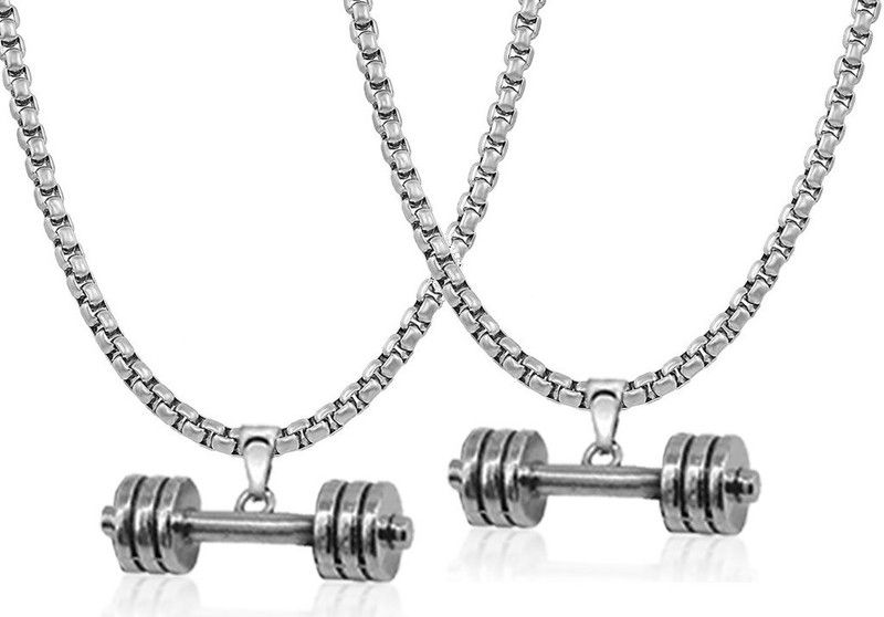 Set Of 2 Silver Weightlifting Gym Dumbbell Barbell Locket Pendant With Box Chain Stainless Steel Pendant