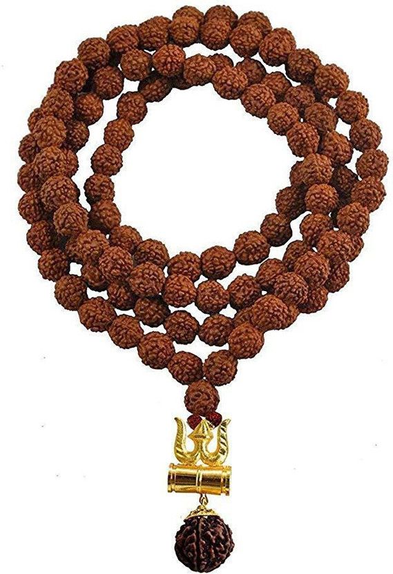 RELIGIOUS GOLD CAP COVERED RUDRAKSHAMALA WITH SHIV SHAKTI KAVACH Wood Chain