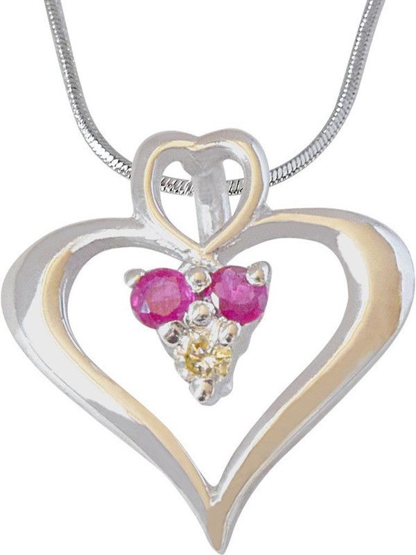 Rosy Heart - Real Diamond, Red Ruby & Sterling Silver Pendant with 18 IN Chain (SDP184) Sterling Silver Diamond, Ruby Sterling Silver Pendant