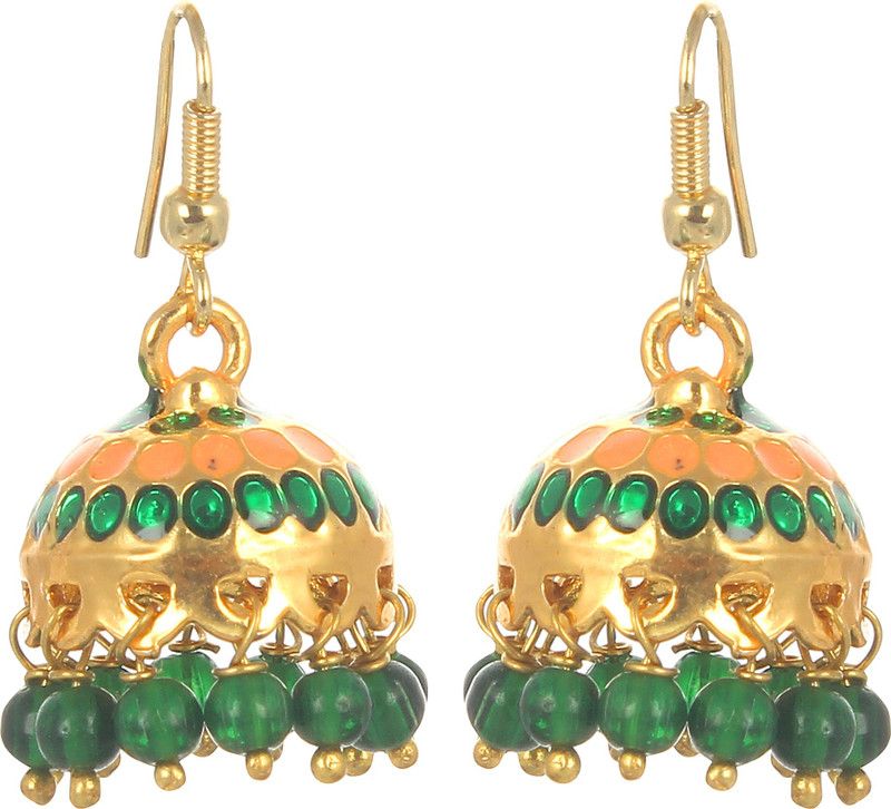 Nityaa Designer Jumki Style Orange, Green Enamel Fish Hook Back Jhumki Earring For Women & Girls Beads Stone Jhumki Earring