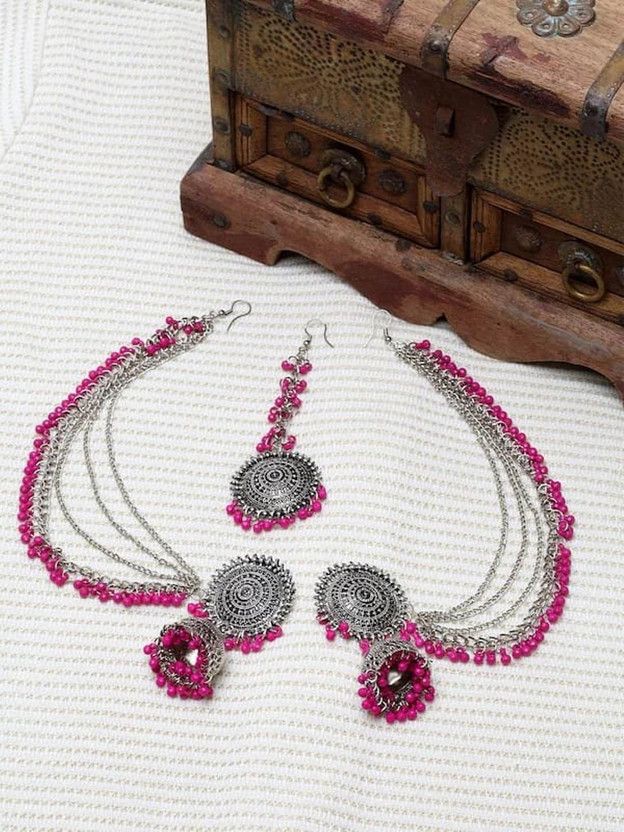 Beautiful Kashmiri Tribe Style Jhumka Earrings With Mangtika Bahubali Alloy Jhumki Earring, Earring Set
