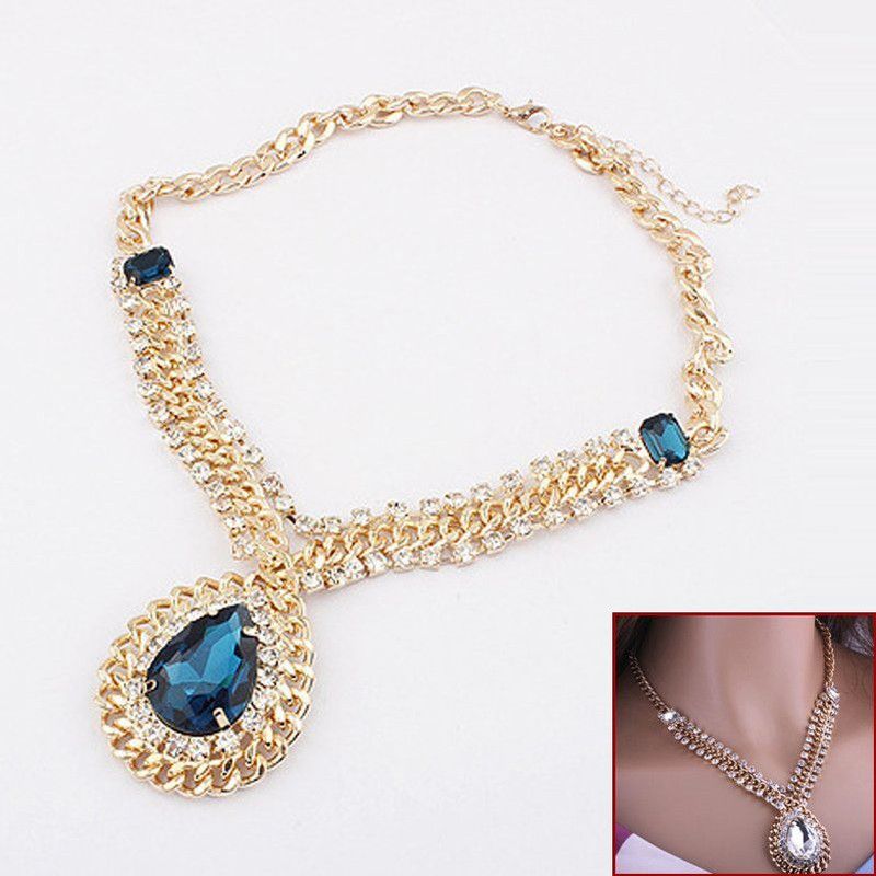 Gold Pleated Blue Sapphire Pendant Necklace Fashion Jewelry Alloy Necklace