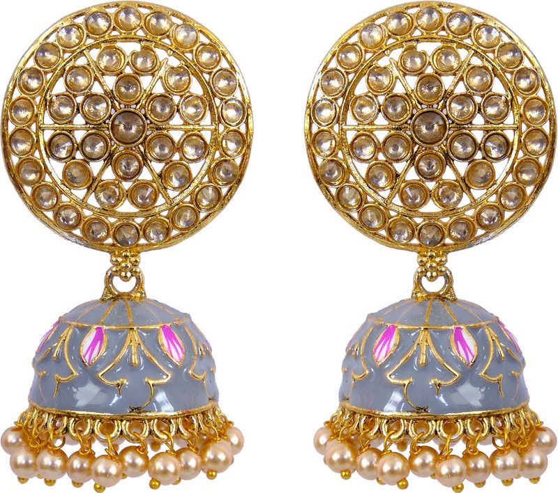 Gold Plated Grey Round Kundan Jhumka Earring Alloy Jhumki Earring