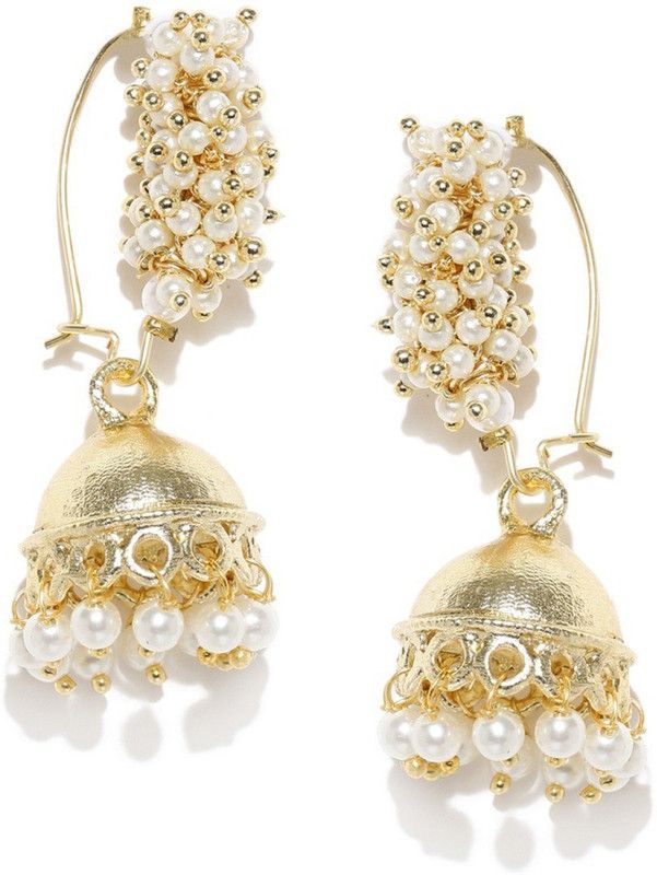 Muted Gold-Toned & White Beaded Jhumkas Alloy Jhumki Earring
