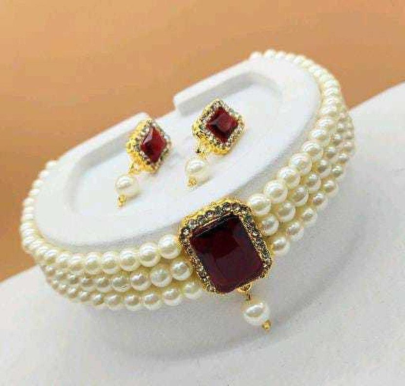 Brass Gold-plated White, Maroon Jewel Set  (Pack of 1)