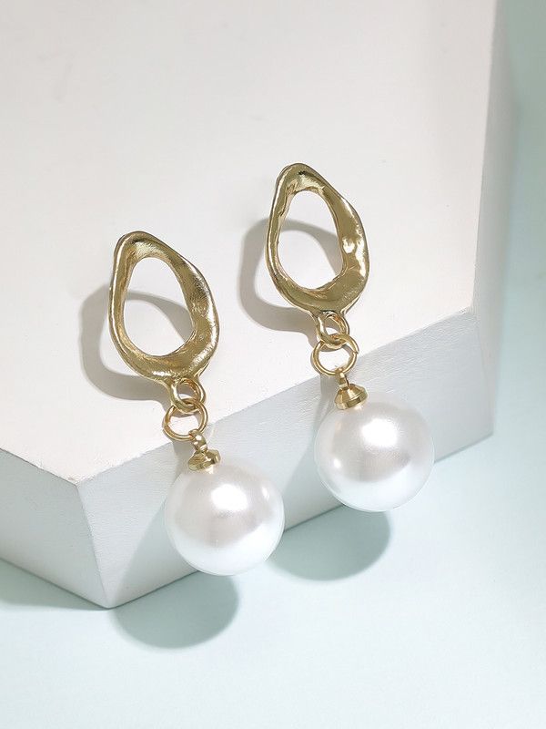 Gold Plated Handcrafted White Pearl Drop Earrings Alloy Drops & Danglers