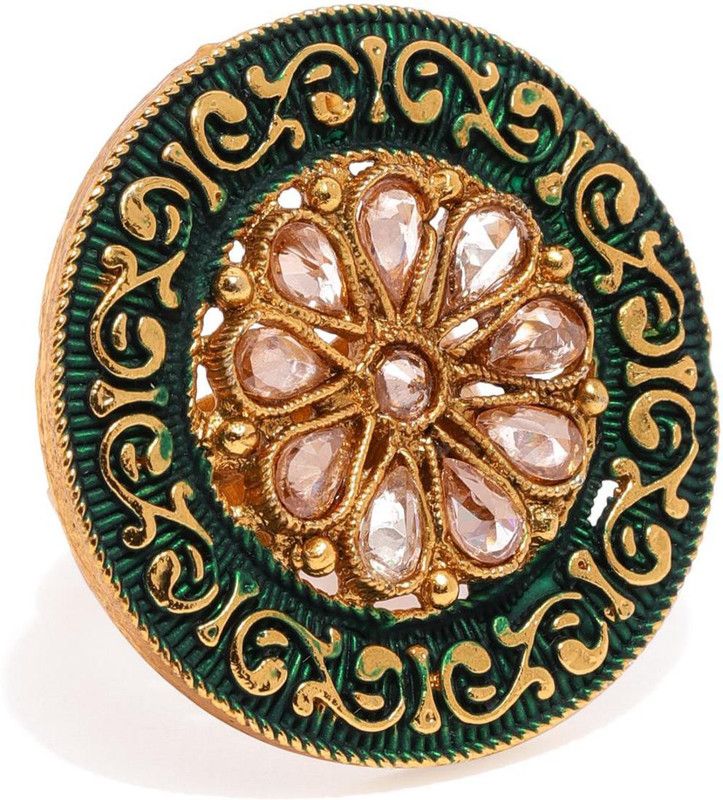 Traditional Flower Shape Stones Studded Enamel Gold Plated Ring