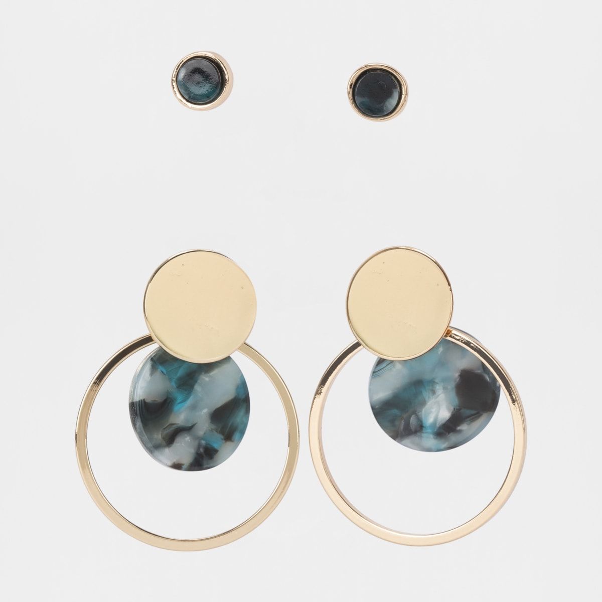 Resin Metal Disc Stud Multi Pack Earrings - Green Tort