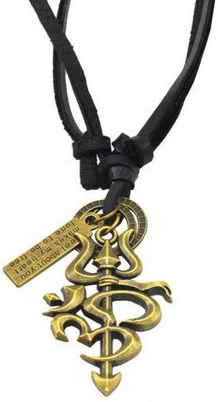 Pourni Om Trishul Pendant With Adjustable Leather Chain Leather, Metal Pendant Rhodium Leather Pendant Set