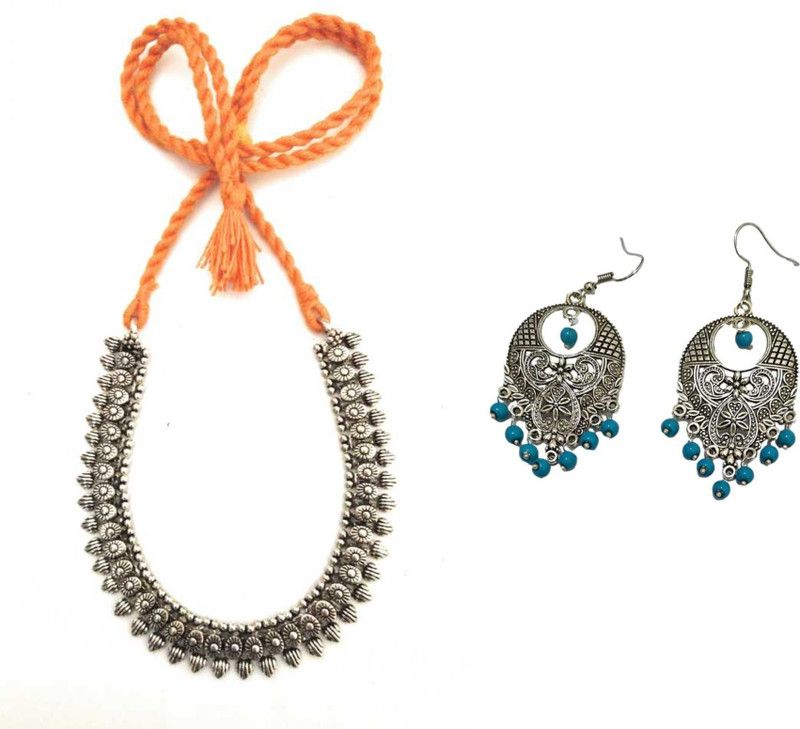 Metal Silver, Orange Jewel Set  (Pack of 1)