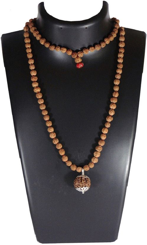 3 Mukhi Guru Mani / Bead (5 Mukhi Rudraksha Mala) Silver Cap - Lab Certified Wood Chain