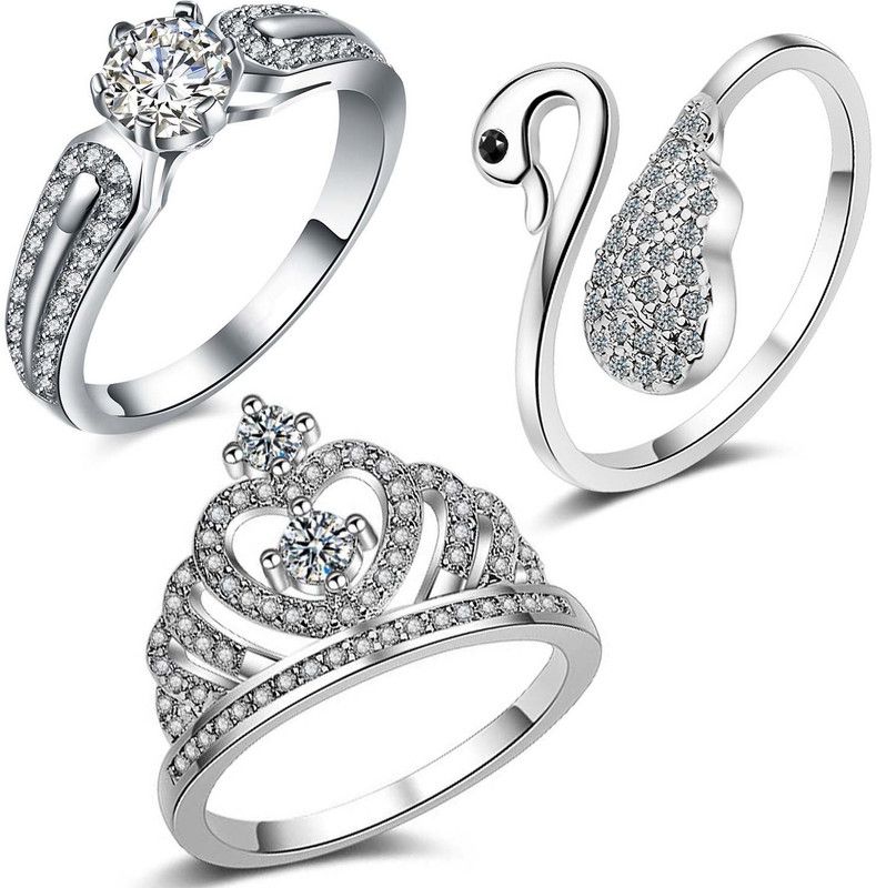 Attractive Crystal Rhodium Plated Ring Combo For Women Alloy Crystal Rhodium Plated Ring Set