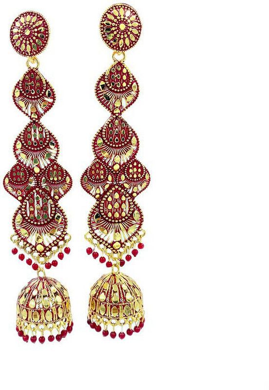 Stylish Maroon Multiple Layered Ethnic Long Earrings for Women & Girls Pearl Silver Jhumki Earring