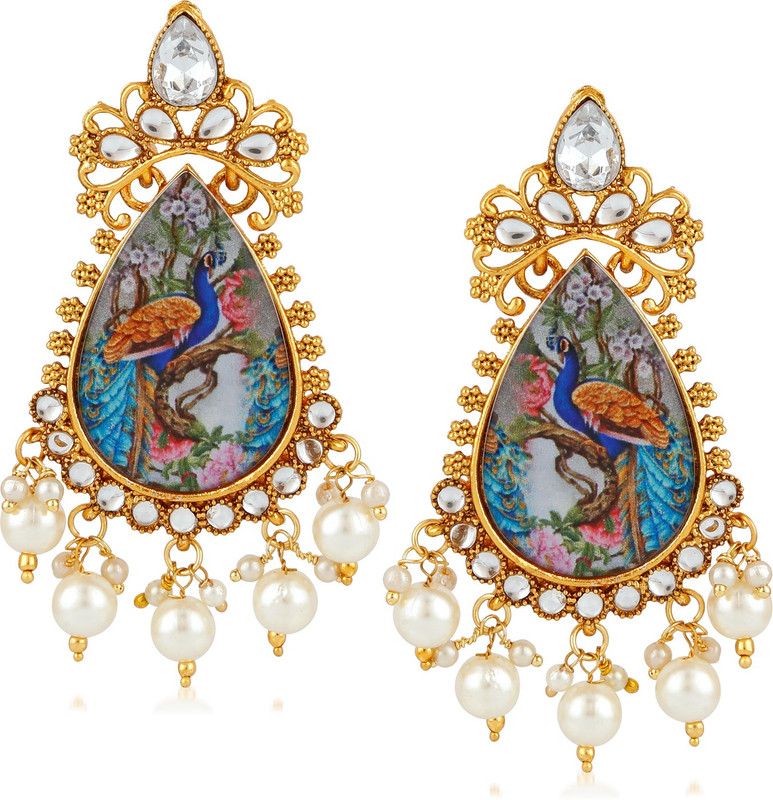 Traditional Jewellery Set Gold Plated Pearl Stylish Wedding Bridal Kundan Peacock Earrings for women/girls Pearl Copper, Brass Chandbali Earring