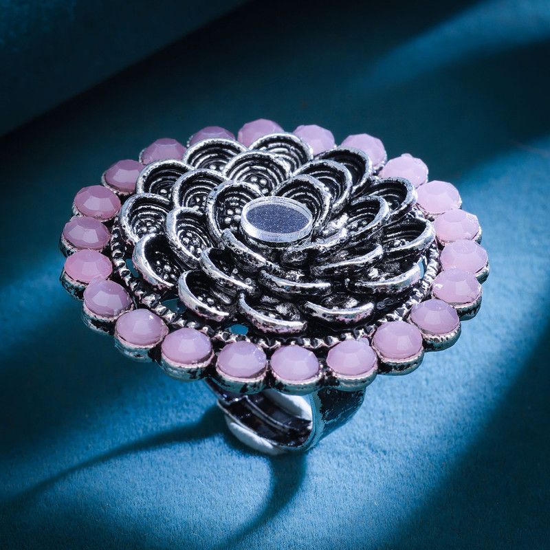 Sukkhi Fancy Floral Oxidised Cocktail Ring for Women Alloy Silver Plated Ring