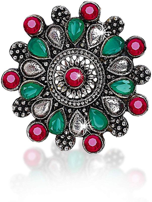 Floral Charm Ruby Stones Silver Oxidized Traditional Metal Silver Plated Ring