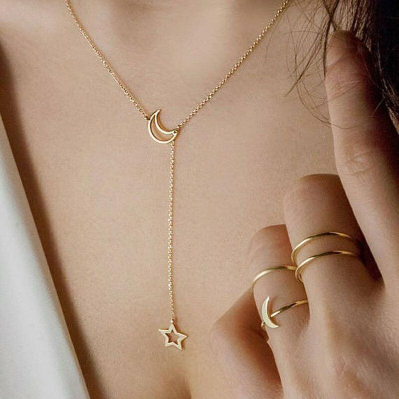 Retro Moon Star Pendant Necklace Clavicle Chain Women Charm Fashion Jewelry Gift Gold-plated Plated Brass Necklace
