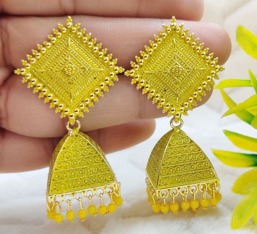 (SQ Kundan-Yellow) Elite Square Shape Earring For Girls & Women Alloy Jhumki Earring