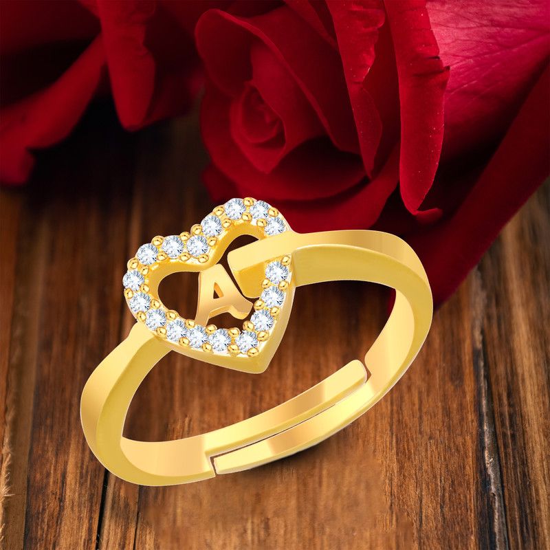 Stylish Jewellery 'A' Letter Heart Women Men Unisex Alphabet Gold plated Ring Brass Cubic Zirconia Gold Plated Ring