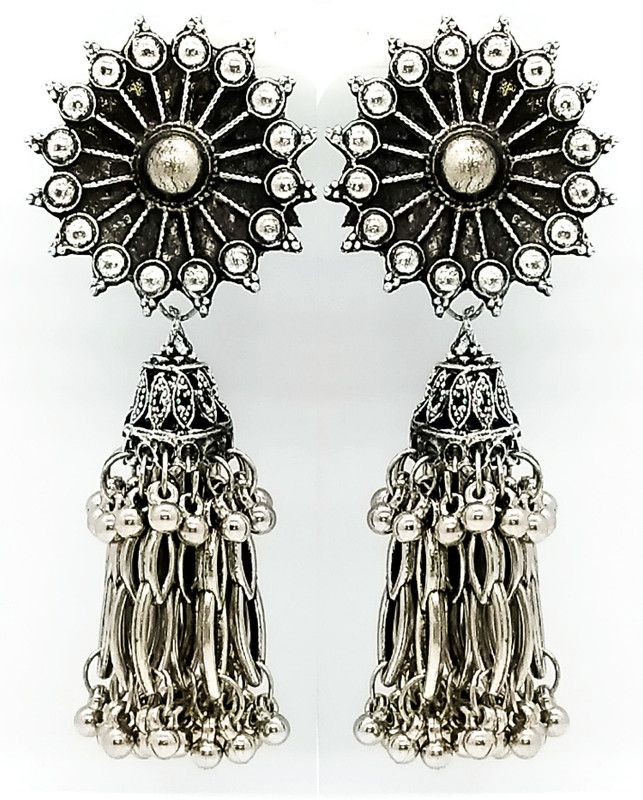 oxidized silver afghani alloy black toned flower jumkha jumki earring for women and girls Alloy Jhumki Earring, Tassel Earring, Drops & Danglers