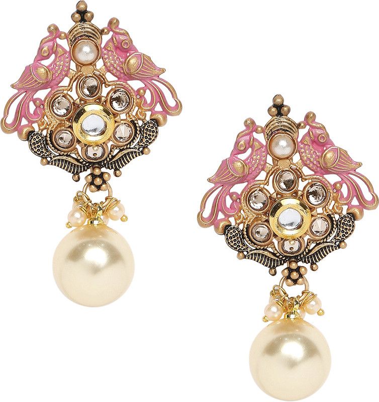 Pink Meenakari Peacock Design Kundan & Pearls Beads, Crystal Alloy Drops & Danglers