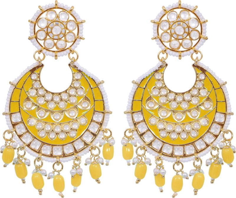 Gold-Plated Yellow Meenakari kundan Work Layered Chandbali Earrings Alloy Drops & Danglers