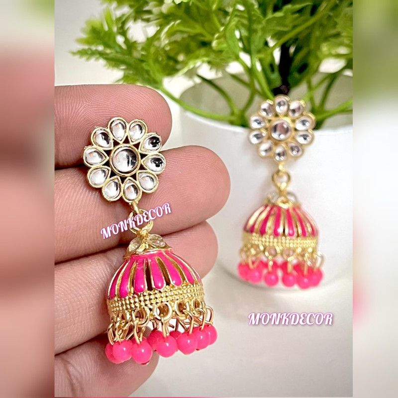 (Meena Stone-Pink) Beautiful Latest Design Earrings For Girls & Women Alloy Jhumki Earring