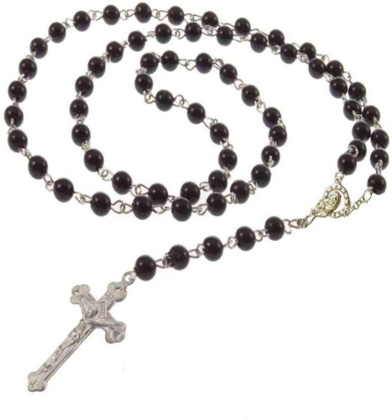 Natural Stone BlackÂ Beads Mala With jesus Stone Chain
