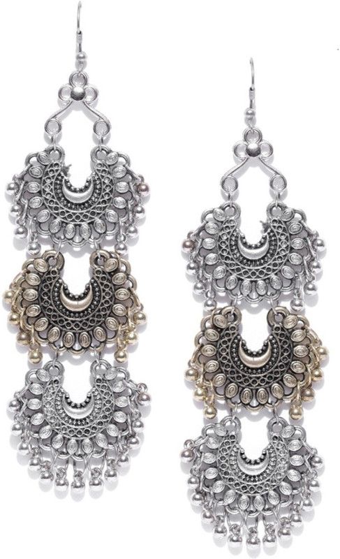 Crunchy Fashion Oxidised Silver & Antique Gold-Toned Crescent Shaped Drop Earrings Crystal Brass Drops & Danglers