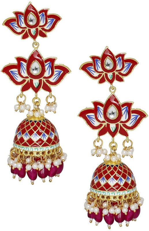 Red & Maroon Meenakari & Kundan Ethnic Long Floral Beads, Crystal Metal Jhumki Earring